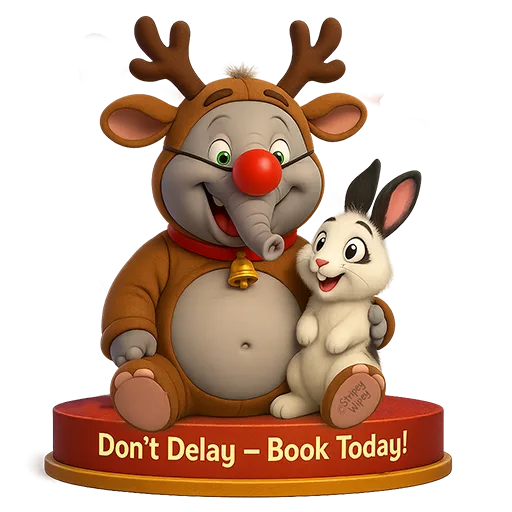 Domino the Rabbit and Peanut the Elephant in party outfits for Stripey Wipey Christmas entertainment