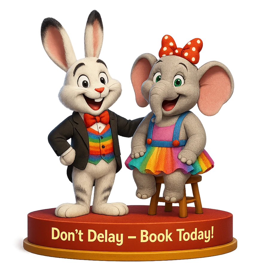 Domino the Rabbit and Peanut the Elephant on a party plinth saying Don’t Delay Book Today
