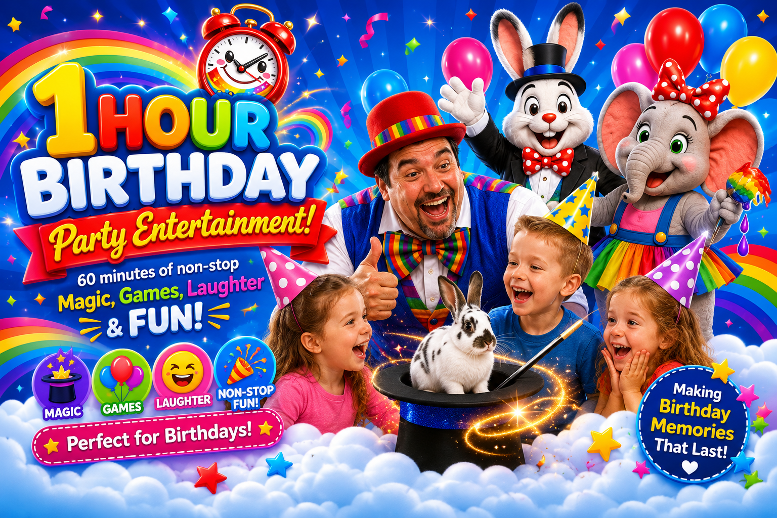 1 hour party funposter Stripey Wipey 1 hour birthday party entertainment card