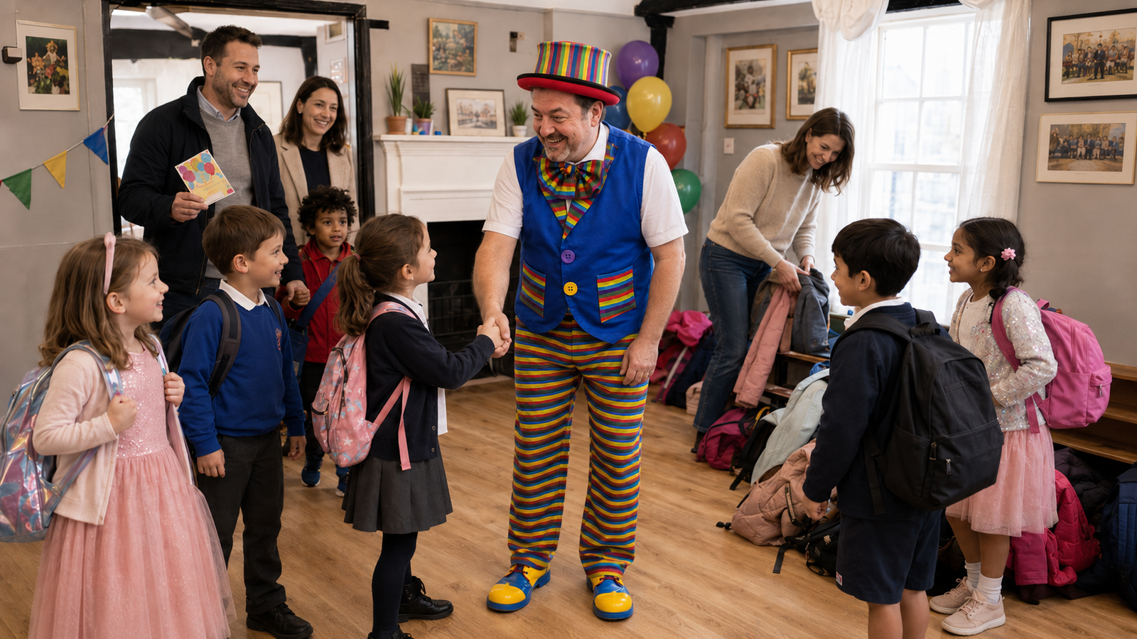 Stripey Wipey Welcoming School Children to a 90-Minute Midweek Party Birthday child celebrating with Stripey Wipey at a children's party