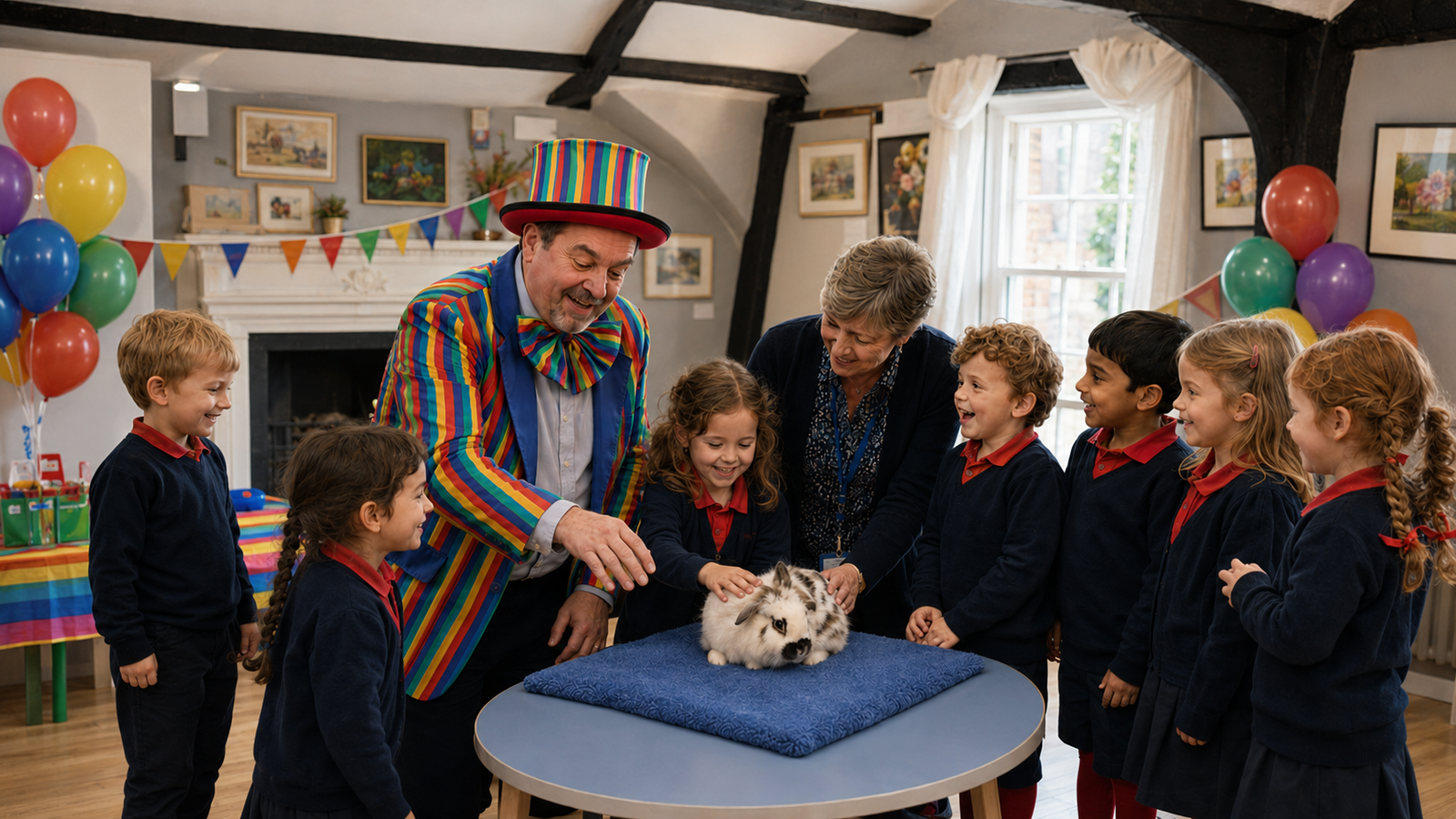 Children Stroking Domino the Rabbit at the End of a 90-Minute Birthday Party Alt text Domino the Rabbit and Peanut the Elephant for a Stripey Wipey birthday party