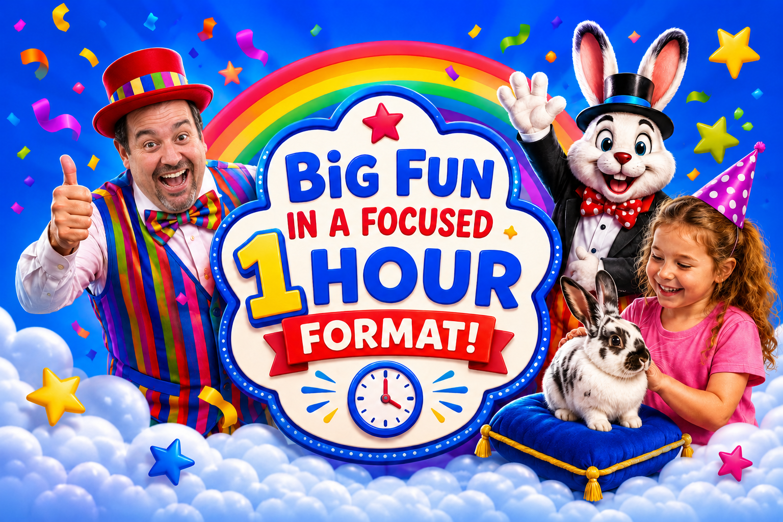 Big fun in one hour format Stripey Wipey entertaining children and families at a community event, fete or fun day