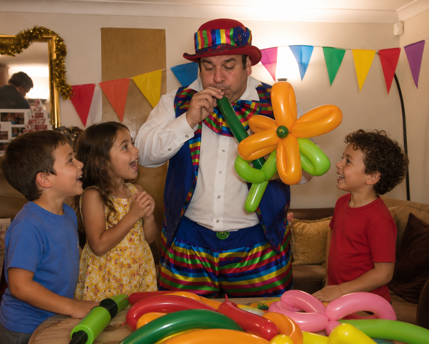 balloon modelling fun Stripey Wipey performing a silly hat moment at a birthday party