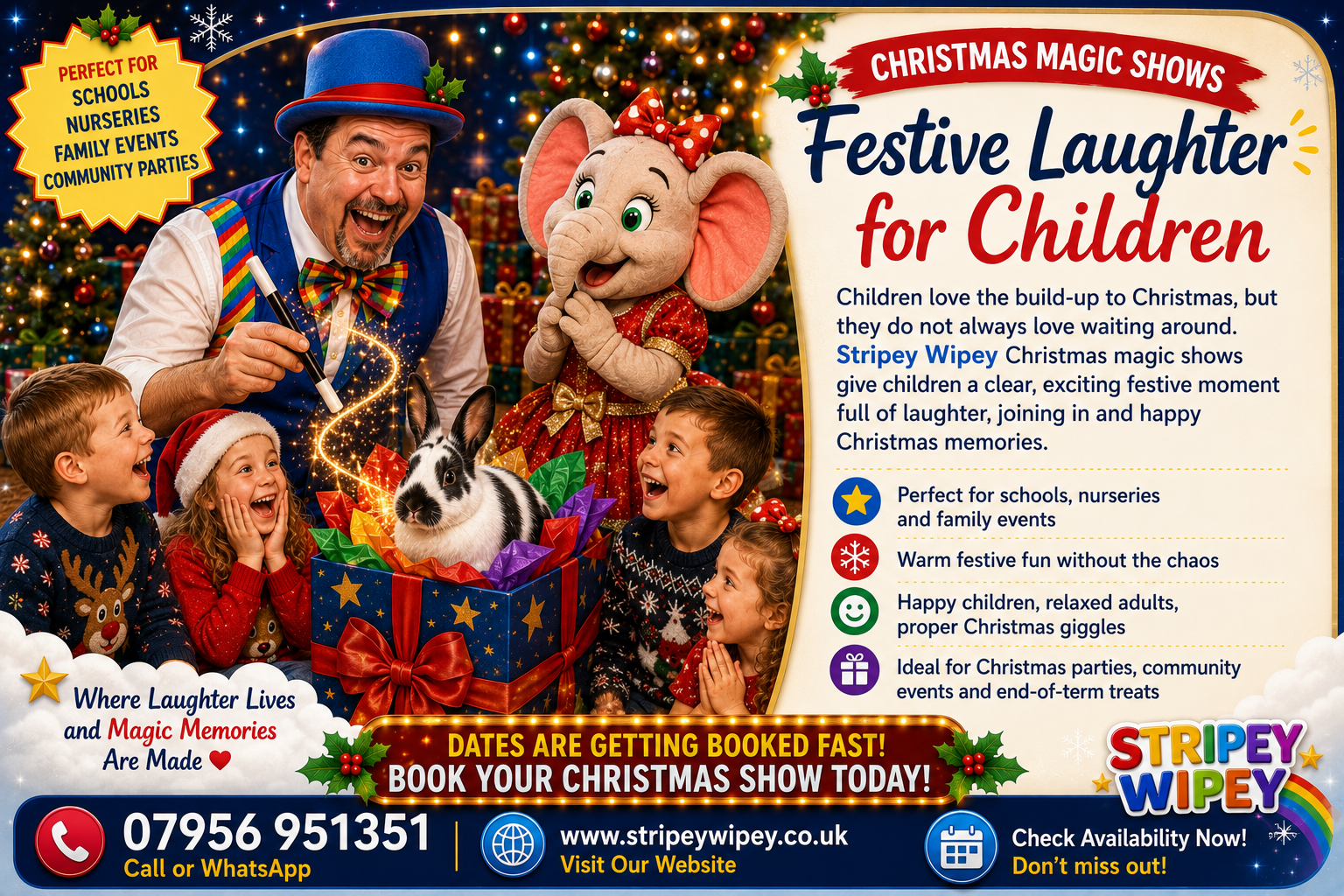 Stripey Wipey Christmas Magic Shows Festive Laughter Card Stripey Wipey festive laughter Christmas magic show card for schools, nurseries and family events