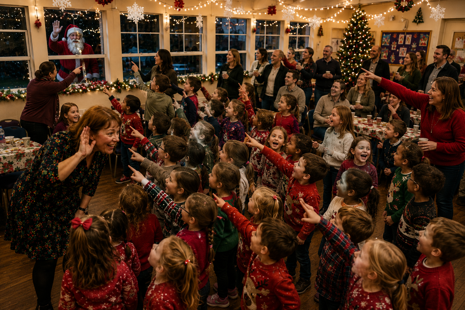 Stripey Wipey as Santa at the Window Village Hall Christmas Party Stripey Wipey Santa visit at a village hall Christmas party with families and festive decorations
