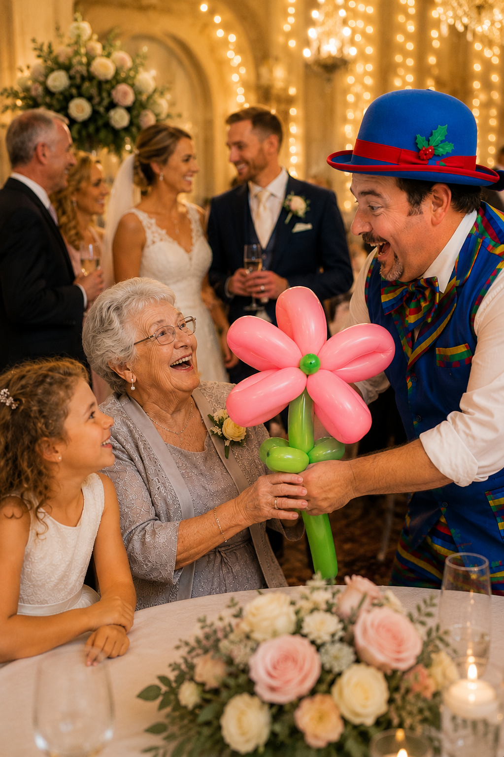 Grandma Receives A Balloon Flower From Stripey Wipey At A Wedding Grandmother receiving a giant balloon flower from Stripey Wipey during a family wedding celebration