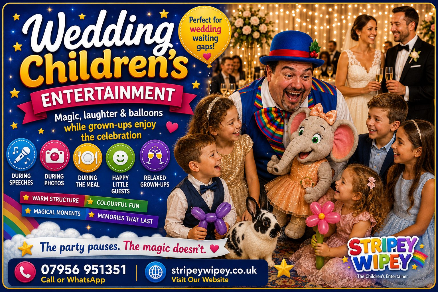 Stripey Wipey Wedding Children’s Entertainment Marketing Card Wedding Children’s Entertainment with Stripey Wipey, Domino the Rabbit and Peanut the Elephant