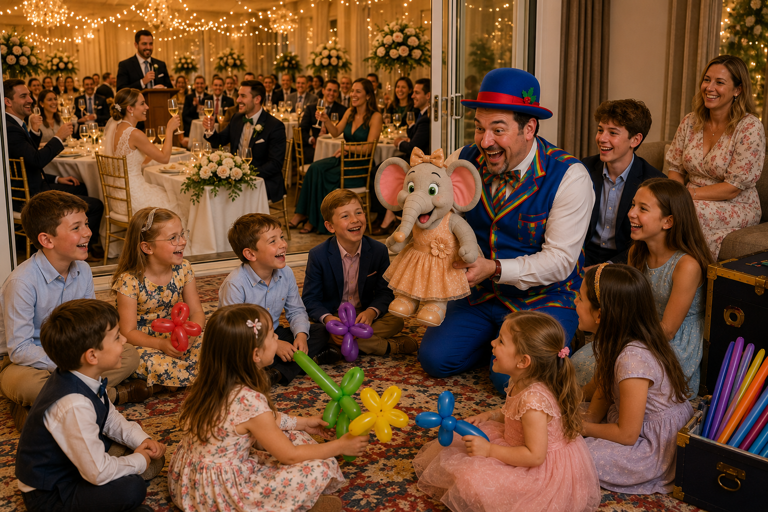 Stripey Wipey Family Wedding Entertainment for Mixed Age Children Mixed age children laughing with Stripey Wipey and Peanut during family wedding entertainment