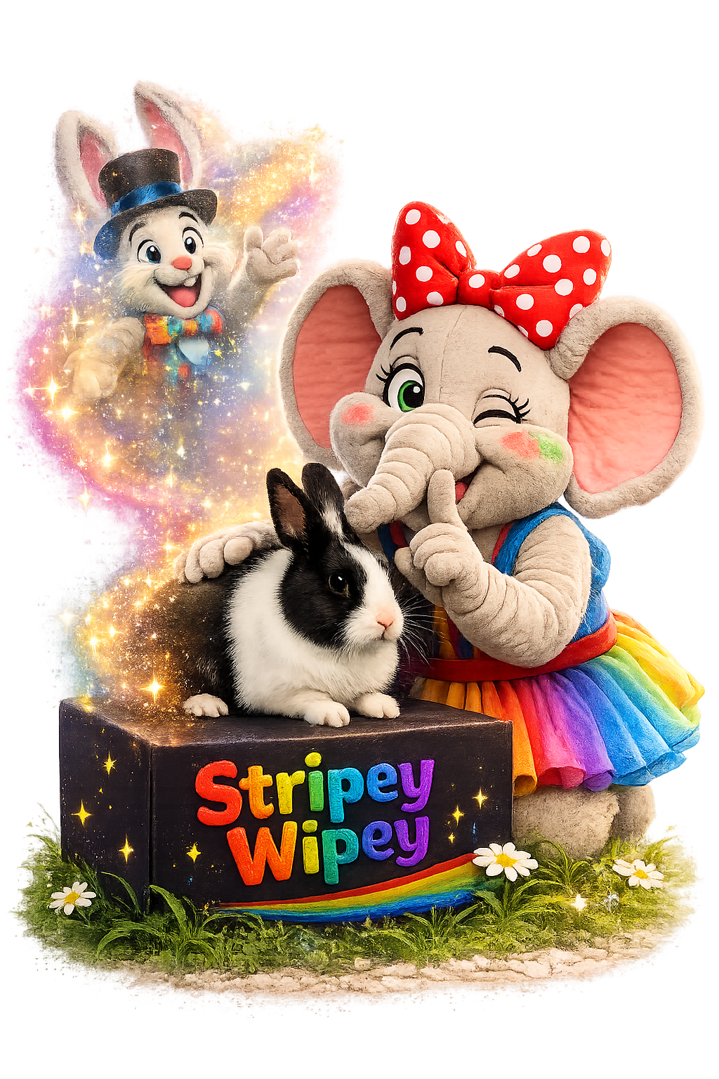 Peanut the Elephant with Domino the real magic rabbit Peanut the Elephant puppet making a shooosh gesture while gently stroking Domino the real magic rabbit on a Stripey Wipey magic box