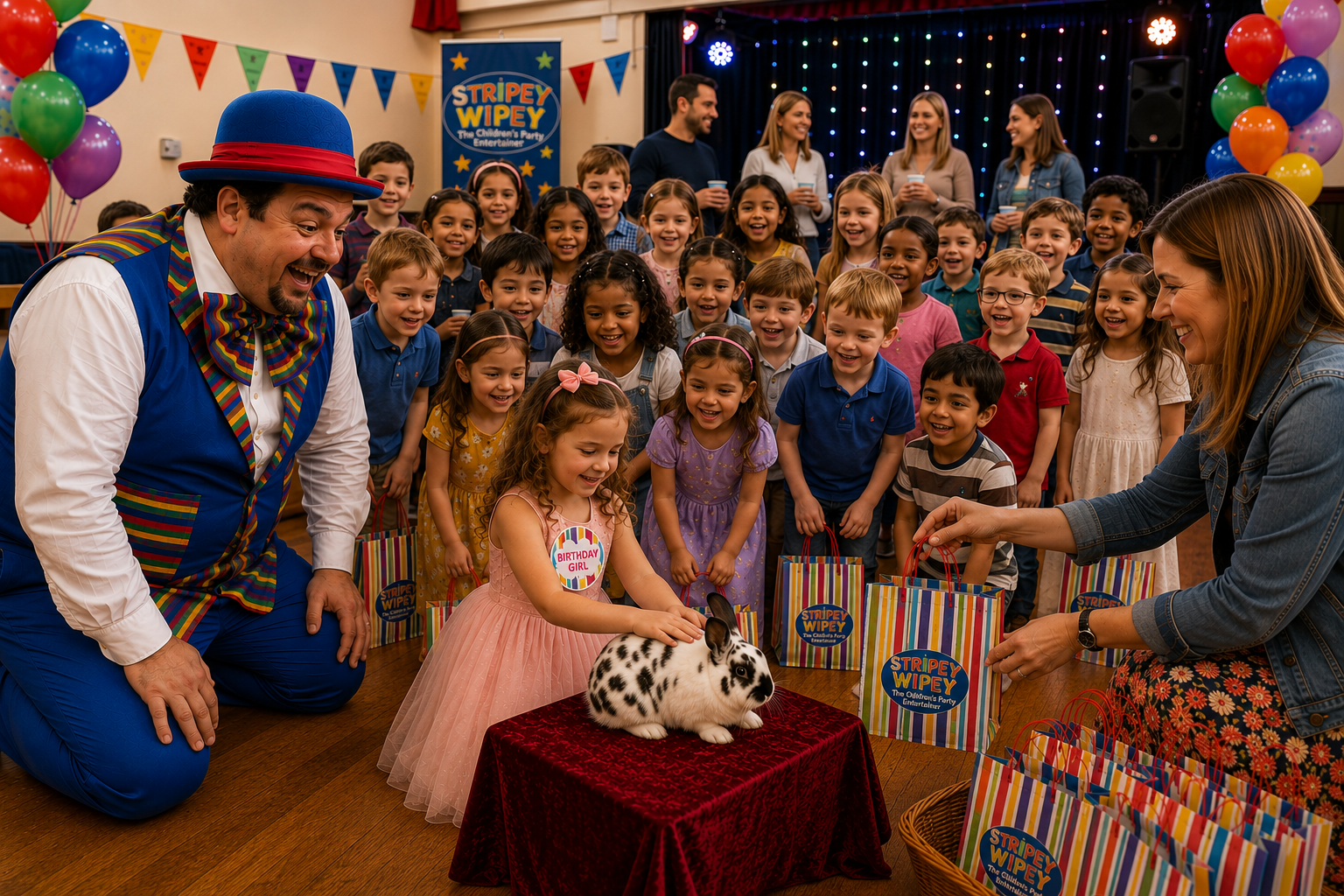 w-2hr-party-parent-reassurance-domino-party-bags Stripey Wipey 1 hour birthday party entertainment with children, Domino the Rabbit and Peanut the Elephant