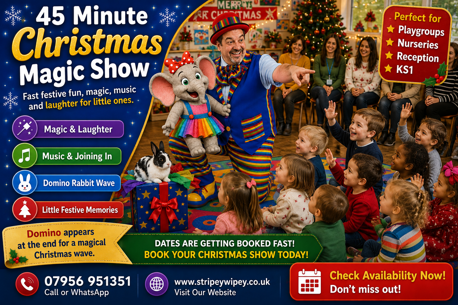 45-minute-magic-show-schools Stripey Wipey Christmas magic shows marketing card with Santa visits, magic, puppets, games and party fun