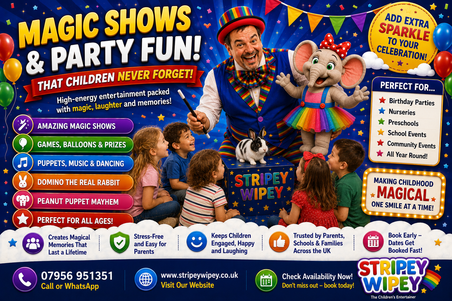 Stripey Wipey performing a lively school magic show for a seated primary school audience