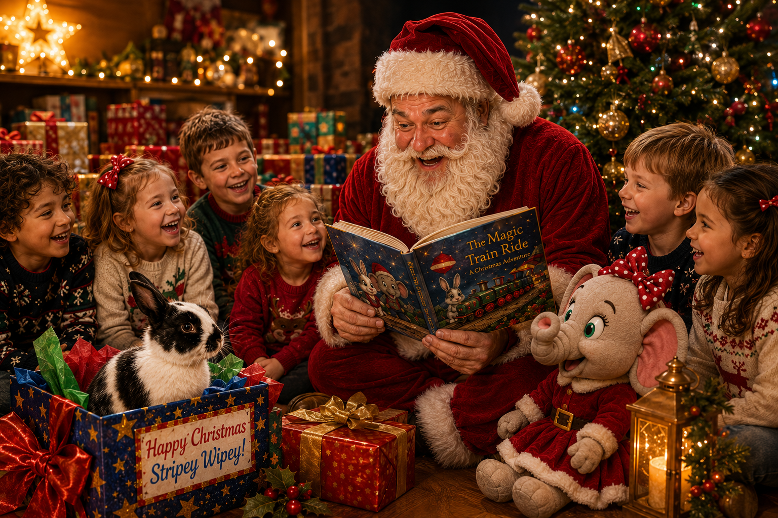 Magical-santa-moments Santa sharing a magical Christmas moment with children, Domino the Rabbit and Peanut the Elephant