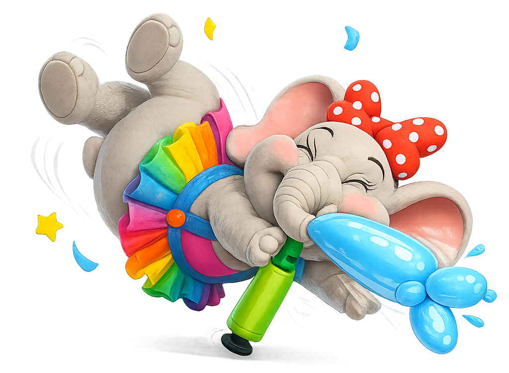 Peanut the Elephant Balloon Fun Peanut the Elephant blowing up a blue balloon animal for Stripey Wipey end of term magic shows