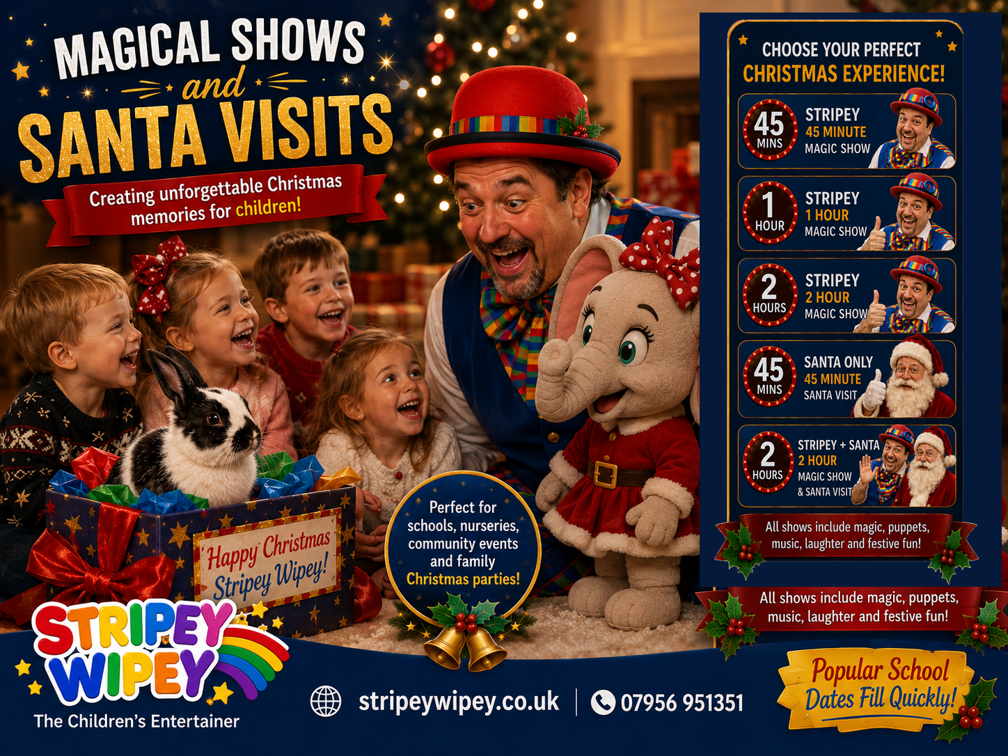 Stripey Wipey Christmas Magic Shows and Santa Visits Card Colourful nursery magic props and setup