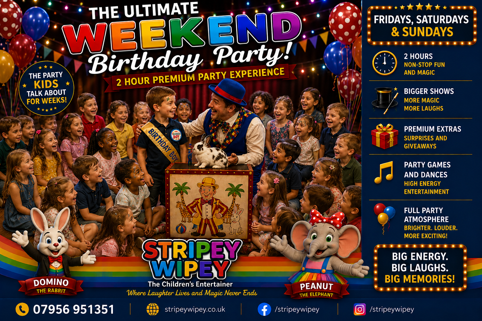 Stripey Wipey 2-hour weekend birthday party entertainment Stripey Wipey 1 hour birthday party entertainment with children, Domino the Rabbit and Peanut the Elephant