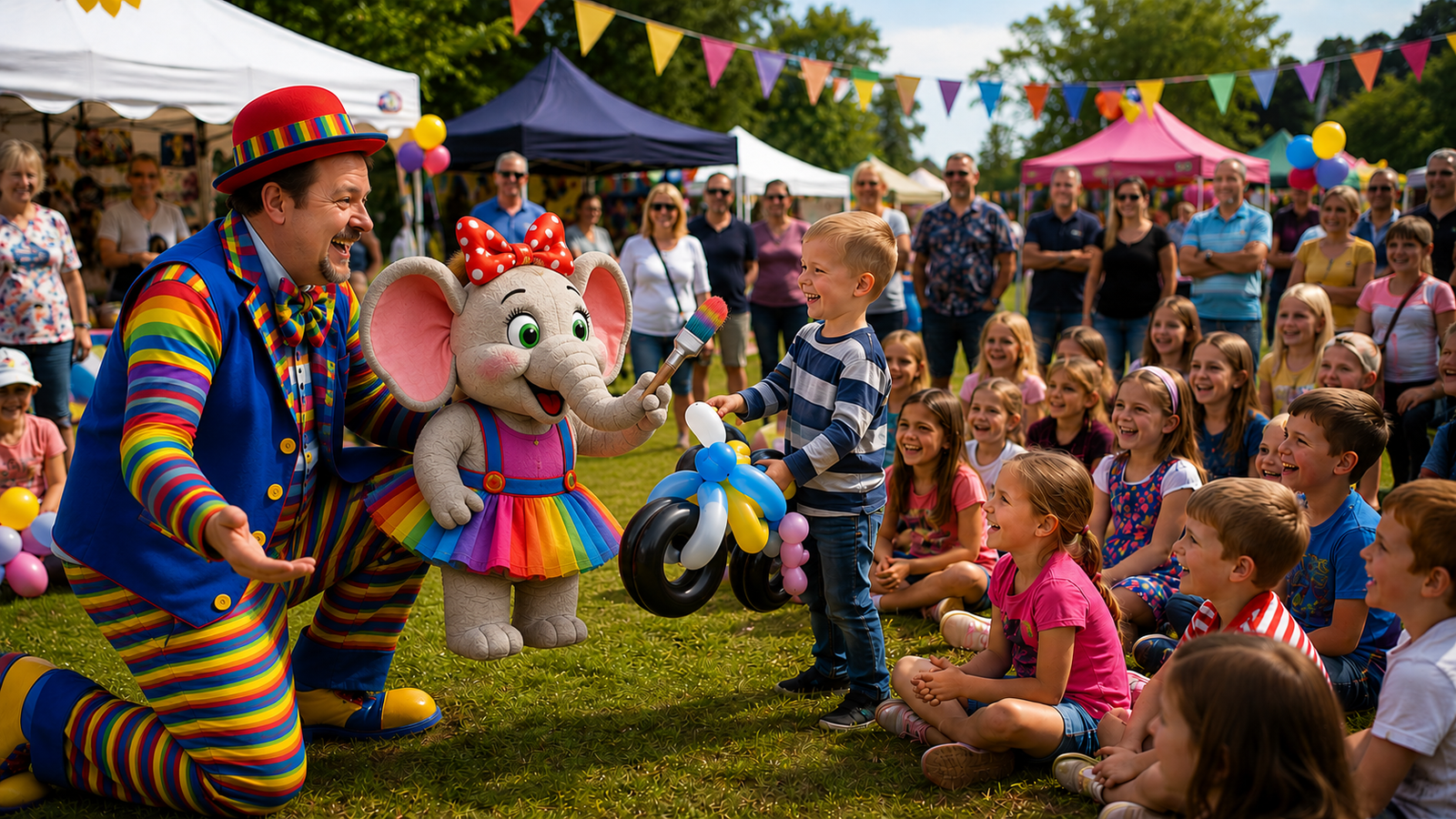 Stripey Wipey community event balloon motorbike with Peanut the Elephant Stripey Wipey entertaining children and families at a community event, fete or fun day