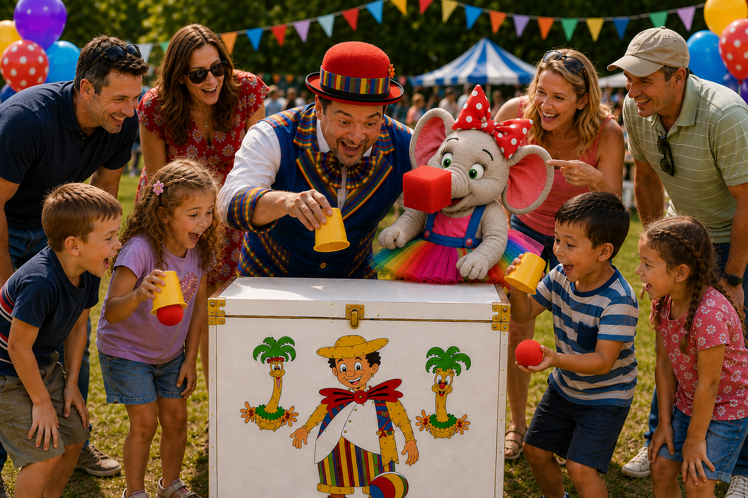 Stripey Wipey community event cups and balls with Peanut the Elephant Stripey Wipey entertaining children and families at a community event, fete or fun day