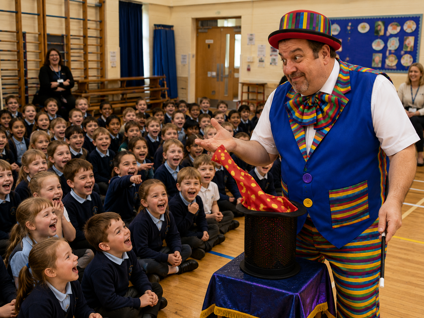 Placeholder for a quick-moving 45-minute Stripey Wipey school magic show