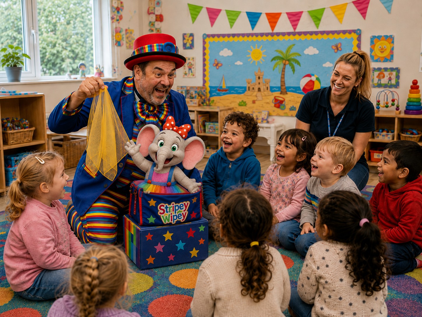 Stripey Wipey nursery magic show with preschool children Stripey Wipey entertaining children and families at a community event, fete or fun day