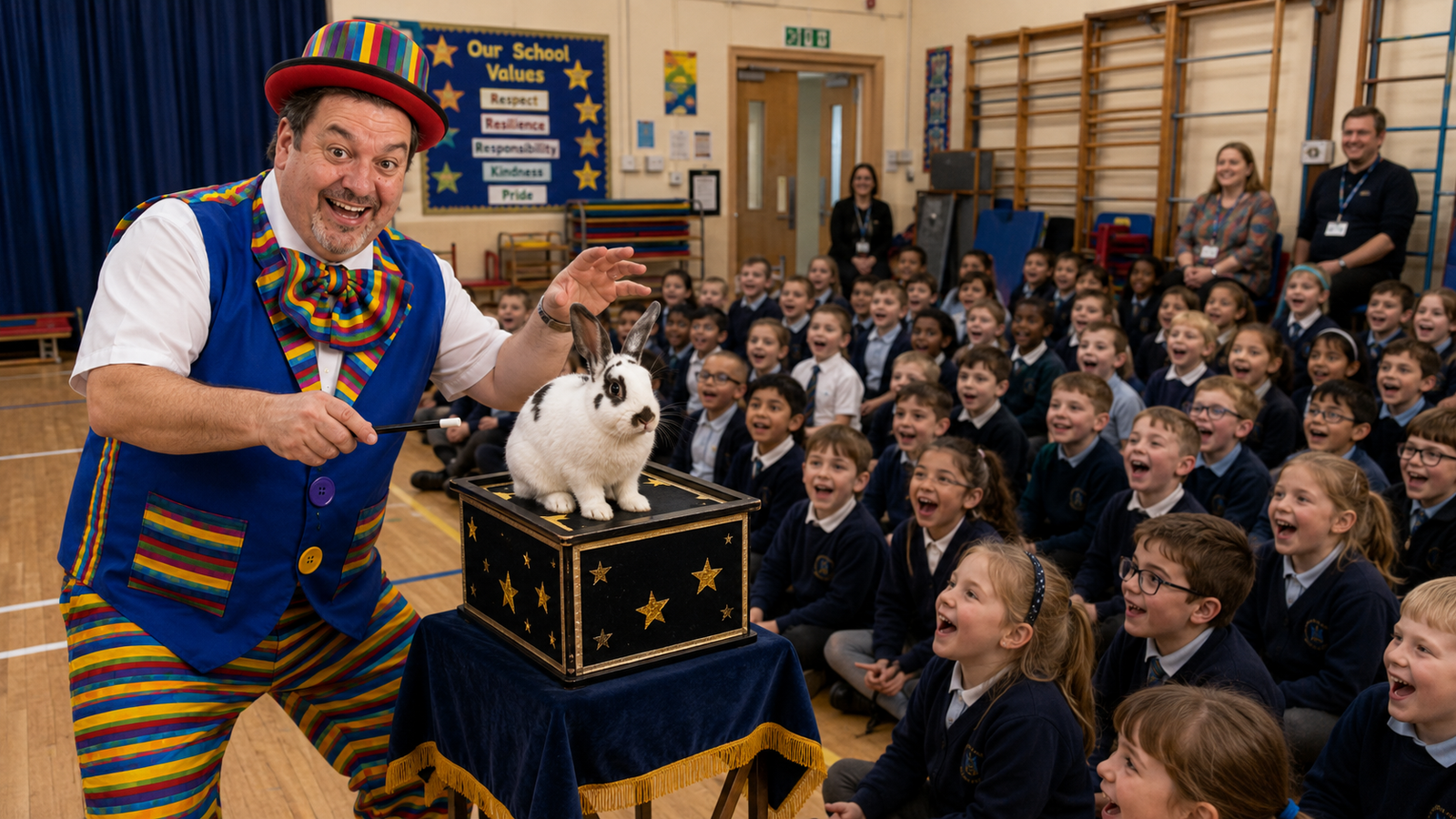 Stripey Wipey School Magic Show Entertaining a Primary School Assembly Stripey Wipey entertaining children and families at a community event, fete or fun day