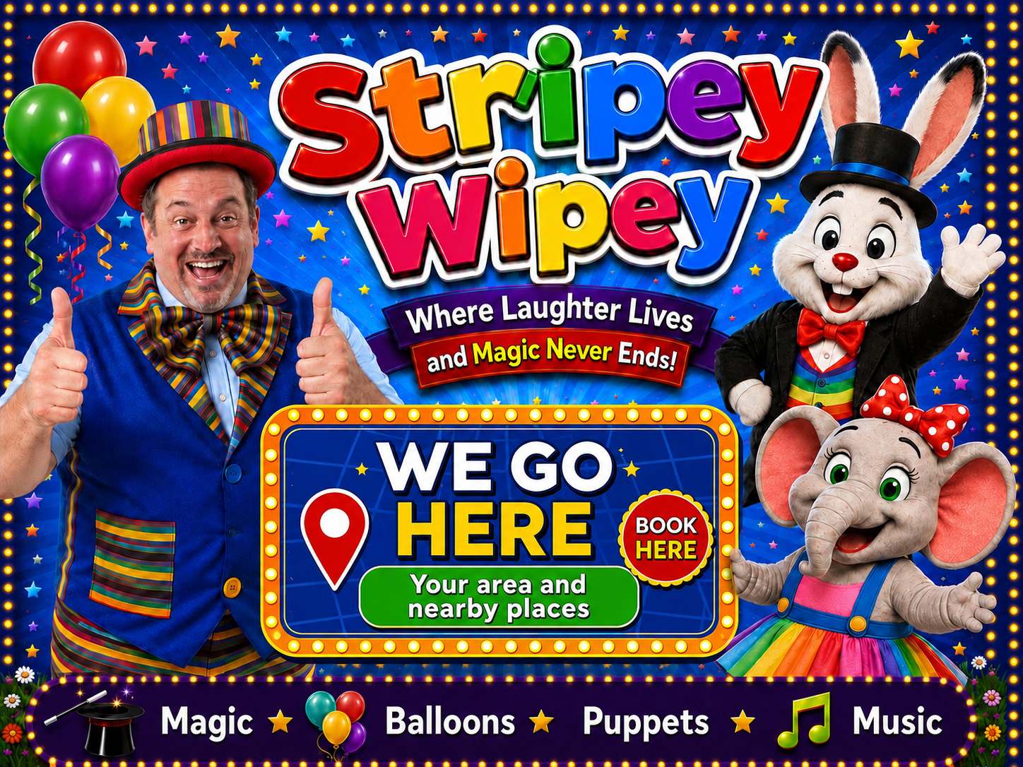 Stripey Wipey 90 minute birthday party midweek budget saver card